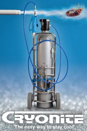 An advertisement for a Cryonite freezing system showing a silver tank apparatus on wheels with blue tubing, used for pest control to freeze bed bugs, with the slogan "The easy way to stay cool" at the bottom.